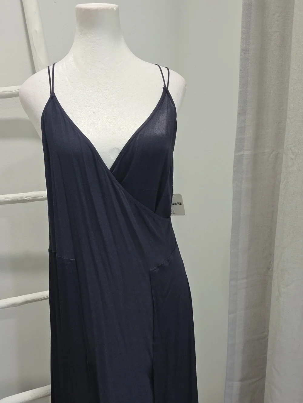 Free People Elegant Strappy Back Navy Satin Panel Super Flowy Slip Dress - Picture 7 of 12